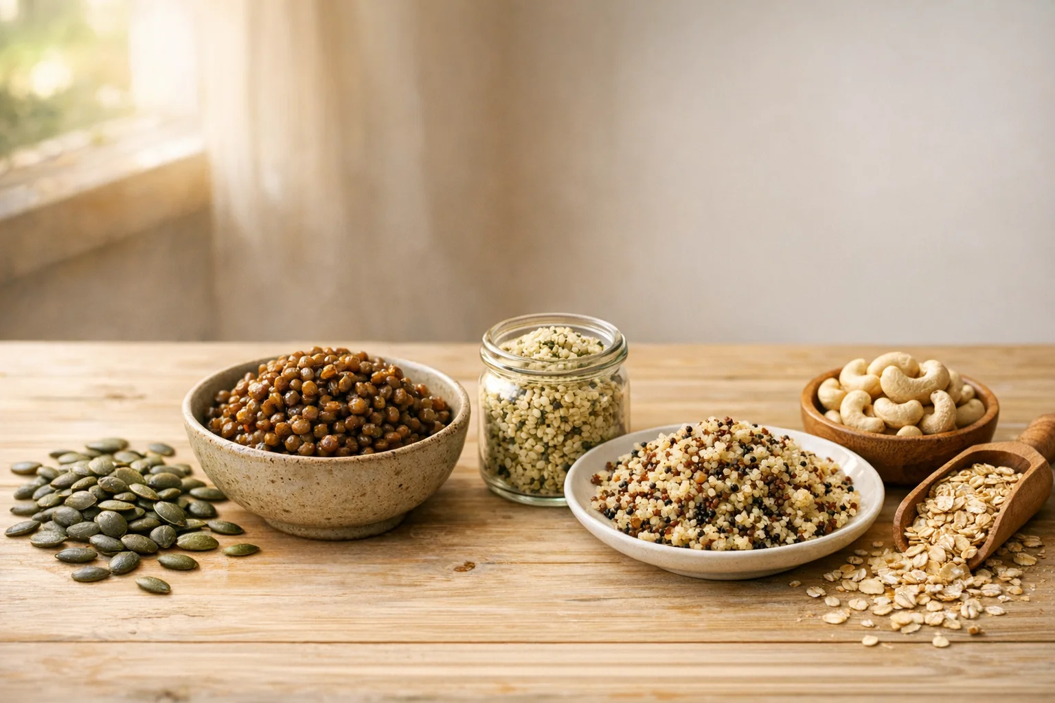 Zinc-rich plant foods including pumpkin seeds hemp seeds chickpeas lentils and cashews arranged on a wooden board