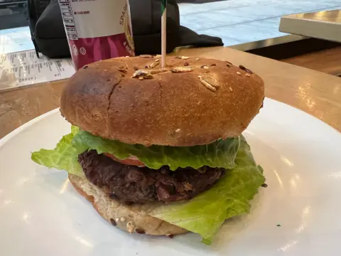 Black Bean and Mushroom Burger with Roasted Tomato Sauce, inspired by Fruitive in Washington, DC, photographed by Ely