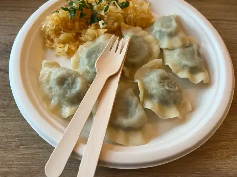 Spinach and Tofu Pierogi with Sauerkraut, inspired by Soczysta Strawa in Lublin, cooked by Ely