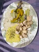Golden Tofu with Peppers, Mushrooms, Rice and Mashed Potatoes, another view (3 of 4)