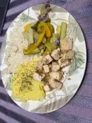 Golden Tofu with Peppers, Mushrooms, Rice and Mashed Potatoes, another view (4 of 4)