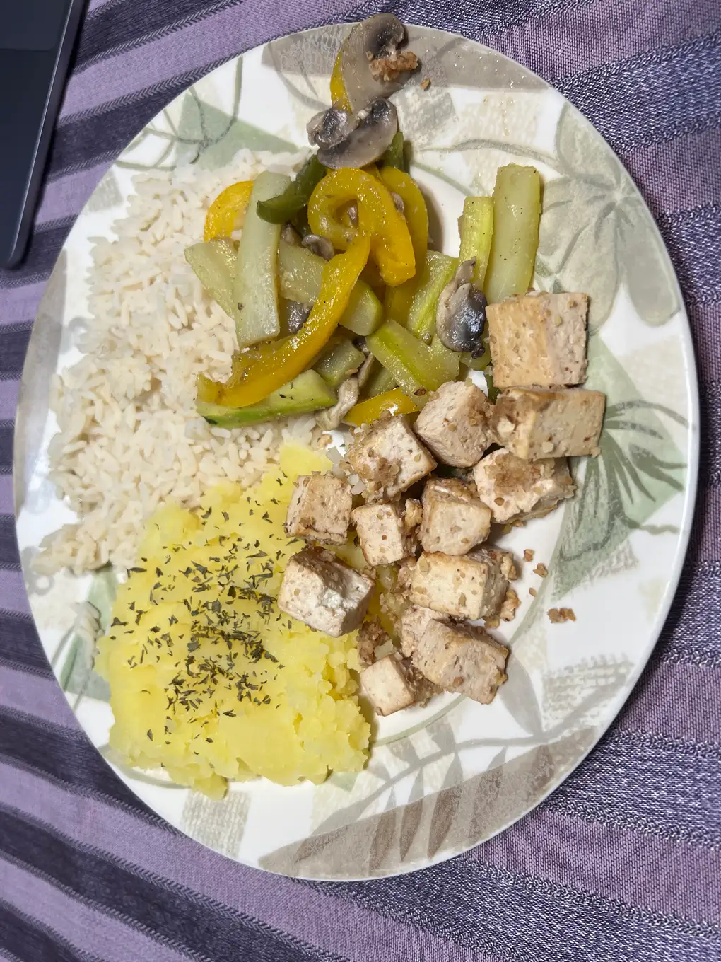 Golden Tofu with Peppers, Mushrooms, Rice and Mashed Potatoes, another view (2 of 4)